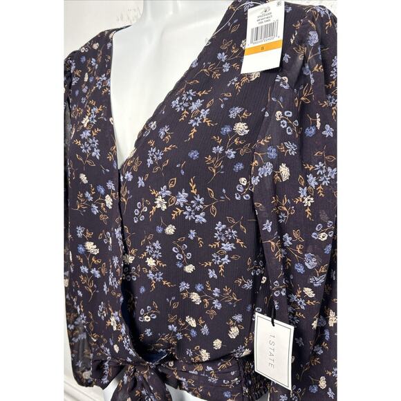 1.State Women Small Blue Floral Chiffon Blouse Top L/S Tie Waist V-neck Career - Picture 2 of 10